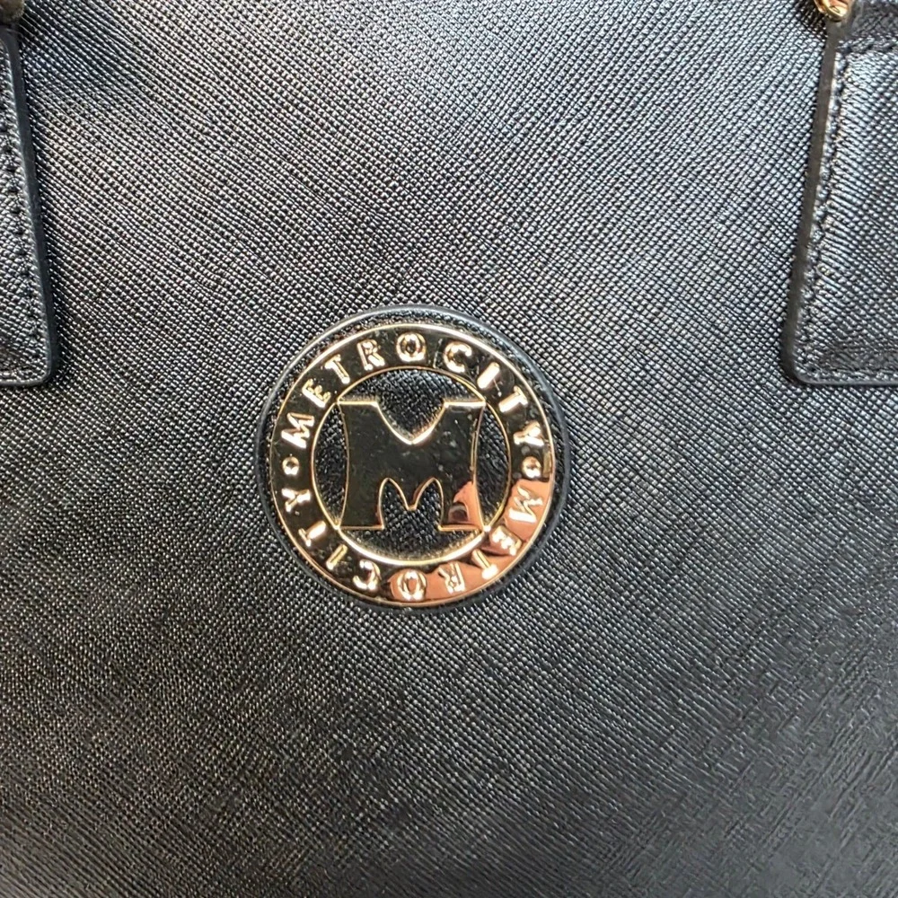 Metrocity Black Saffiano Leather Leopard Print Satchel Handbag Gold‎ Hardware